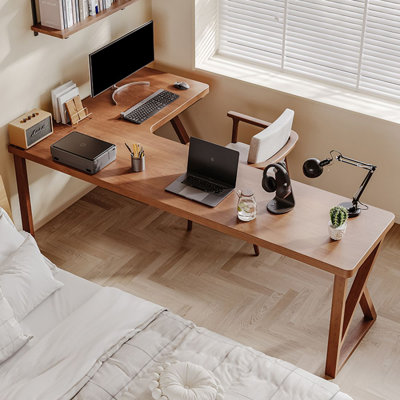 Bureau d'écriture en L en bois massif brun noisette