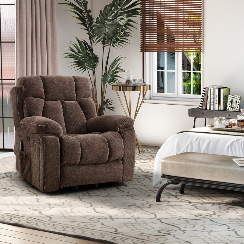 Fauteuil de massage inclinable et chauffant en microsuède de 41,3 po avec port USB et porte-gobelets, Espresso Brown Chenille