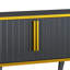 Meuble télé minimaliste pour téléviseurs de 85 po, construction, accents noirs et or, avec tablette de rangement élégante et élégante, garniture dorée, construction