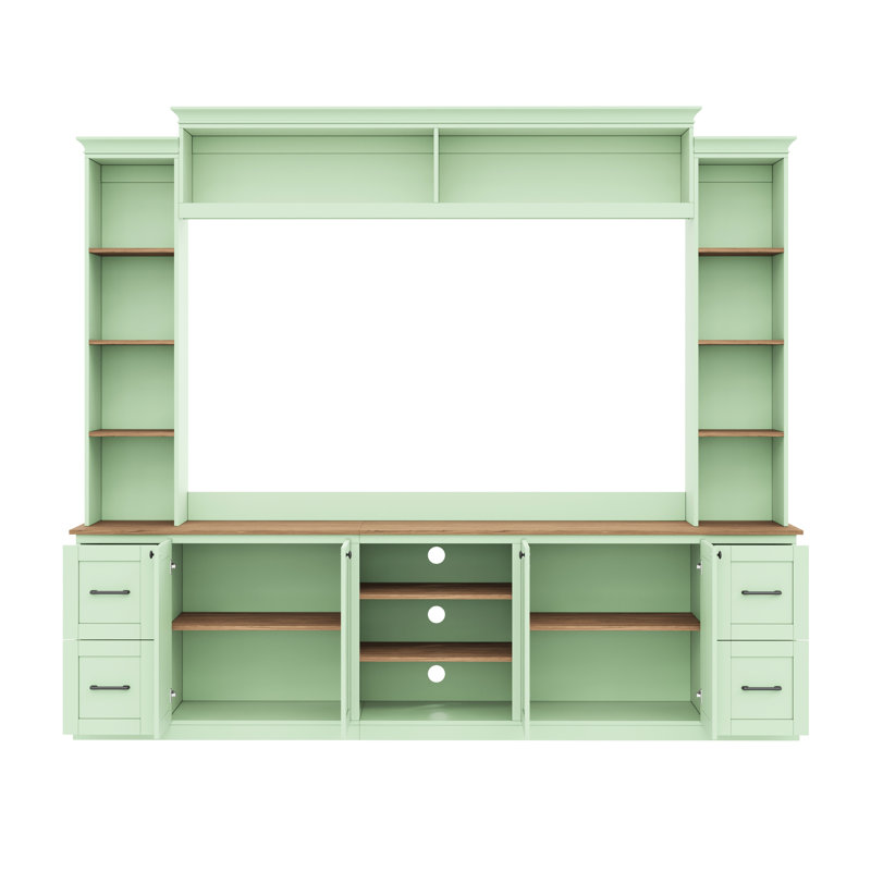 Meuble télé de 41 pouces pour téléviseurs jusqu'à 70 pouces, couleur menthe, élégant meuble multimédia rétro, tiroirs et système de gestion des câbles, étagères réglables en noyer, configuration des trous