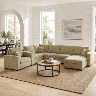Canapé modulaire à 5 places à 5 places, canapé en U de 134 po, grand canapé familial avec méridienne, siège profond confortable, porte-gobelets intégrés, tiroir de rangement et coussins pour le salon, brun