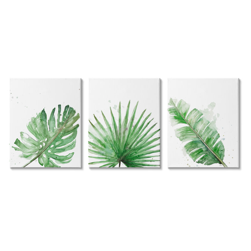 Feuilles vertes, vert moderne, palmiers tropicaux tropicaux, 3 pièces, ferme rustique surdimensionnée, art numérique sur toile par Patricia Pinto