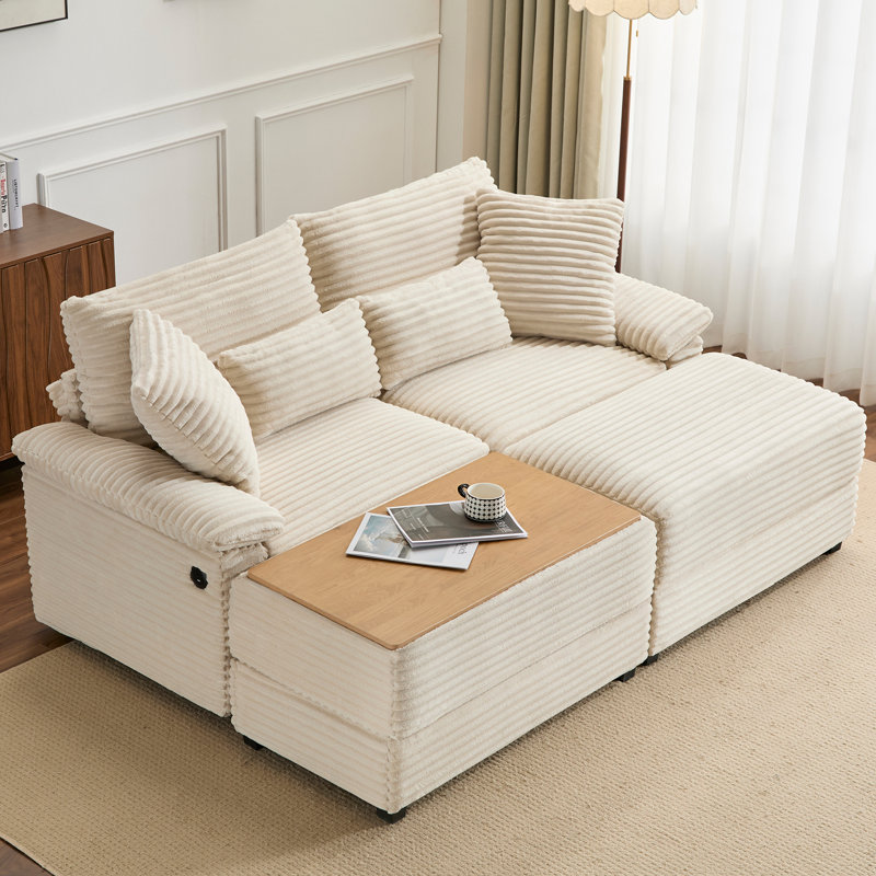 Ensemble de chaise longue double avec repose-pieds réversible, tissu velours côtelé doux, rangement, port USB, siège / table multifonctionnel