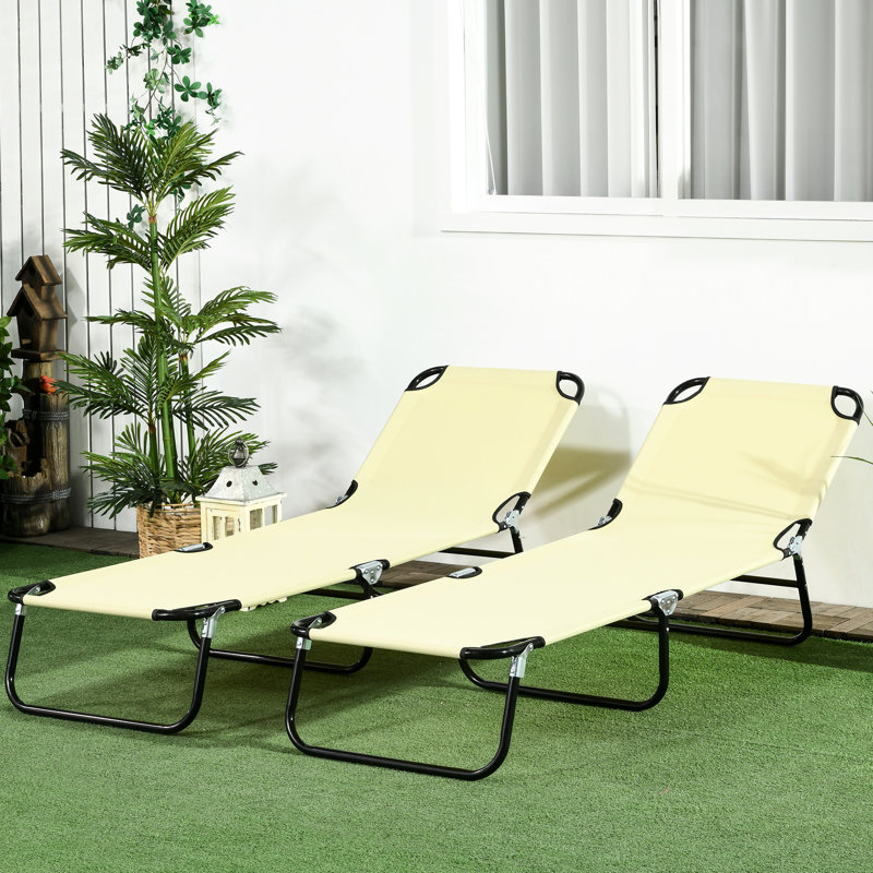 Beige Patio Chairs With 5 Settings, Foldable, Steel Frame For Outdoor Areas Yard Relaxing Seats, 5-Level Reclining Back, Frame, Beige, Suitable Sunbathing In Beach, Patio, Poolside