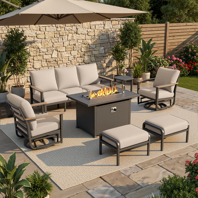 7-Person Outdoor Aluminum Patio Set With 55,000 BTU Fire Pit Table, Wood-Look Armrests, 5.12" Cushions, Swivel Chairs & Ottomans