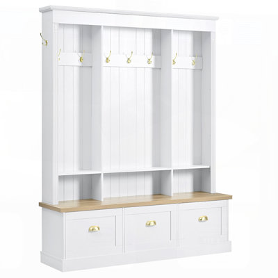 Elegant APP Controlled LED Light Hall Tree with 9 Hooks, Roman Column Design, Natural Storage Bench with 3 Large Cabinets