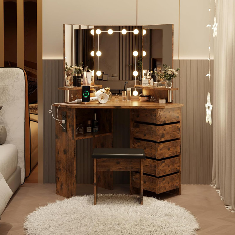 Corner Makeup Vanity Desk with Lights & Power Outlet, 5 Rotating Drawers, 3-Color Adjustable LED Mirror, Shelves & Stool, 43"x21"x57", Dressing Table