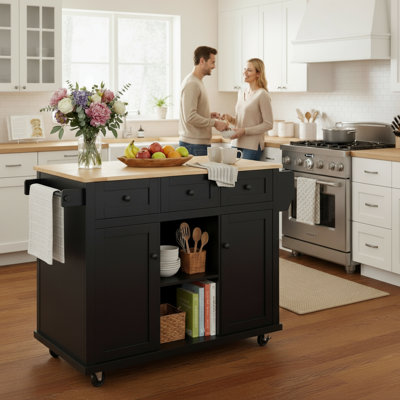 Kitchen Island with Solid Wood Drop-Leaf & 3 Storage Drawers