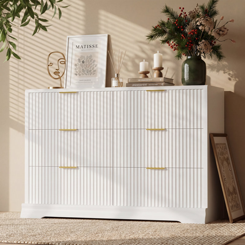 Fluted 6-Drawer Dresser with Solid Wood Base, White