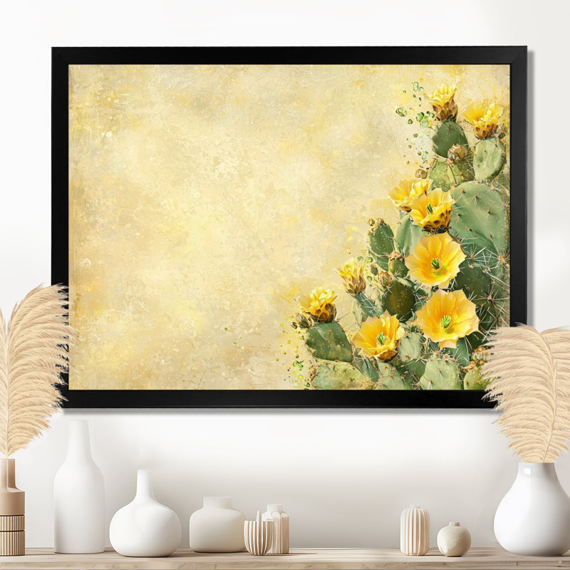 Lueur dorée du champ de cactus II - impression de cactus floral, Reproduction encadrée d'une seule photo sans pass, Noir