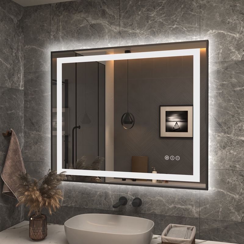 Matte Black LED Lighted Anti-Fog Tempered Glass Vanity Mirror 36" x 30"