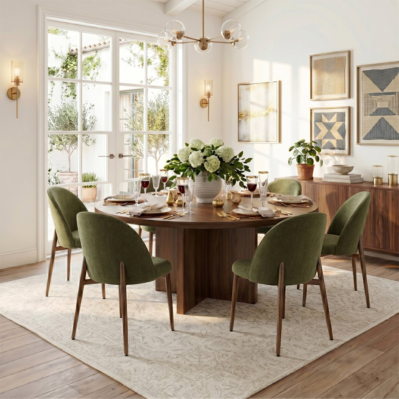 Ensemble de salle à manger rond avec table en noyer et chaises rembourrées à pattes en métal, Green