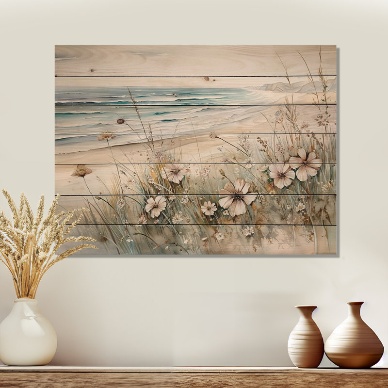 Fleurs sauvages sur la plage - Art mural en bois sur bois de pin naturel, H 10 po x l 20 po