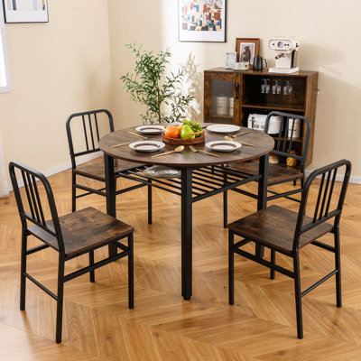 5-Piece Round Dining Table Set, Space-saving Dinette Table Set with Storage Shelf Rustic Brown + Black