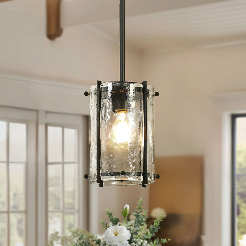 1-Light Modern Dimmable Cylinder Pendant Light with Hand-Blown Clear Glass, Black Finish for Kitchen Island