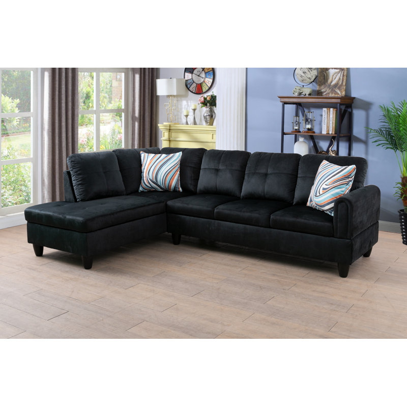 Kleio Upholstered L-Shaped Sectional Left Hand Facing, Black Microfiber/Microsuede, Left Hand Facing