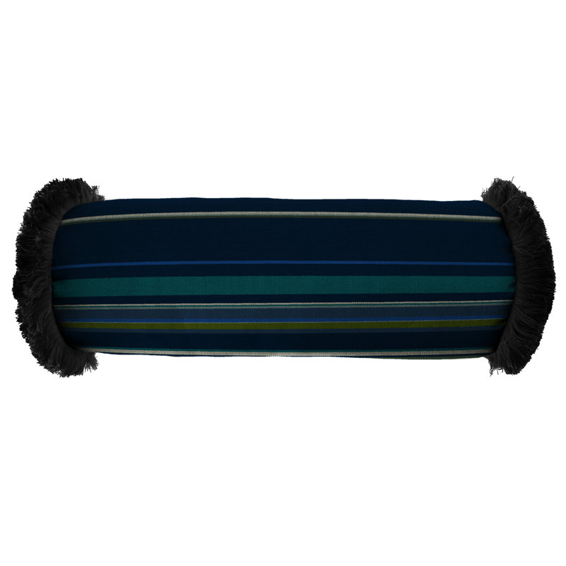 Outdoor Bolster Pillow with Fringe Trim, Stanton Lagoon Black Striped