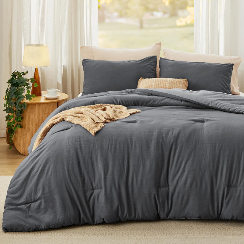 Ensemble d'édredon réversible, Gris foncé / Gris, Édredon très grand + 2 taies d'oreiller très gr