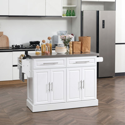 Îlot de cuisine roulant avec rangement, chariot de cuisine portable avec plateau en acier inoxydable, 2 tiroirs, porte-épices, porte-serviettes et armoires