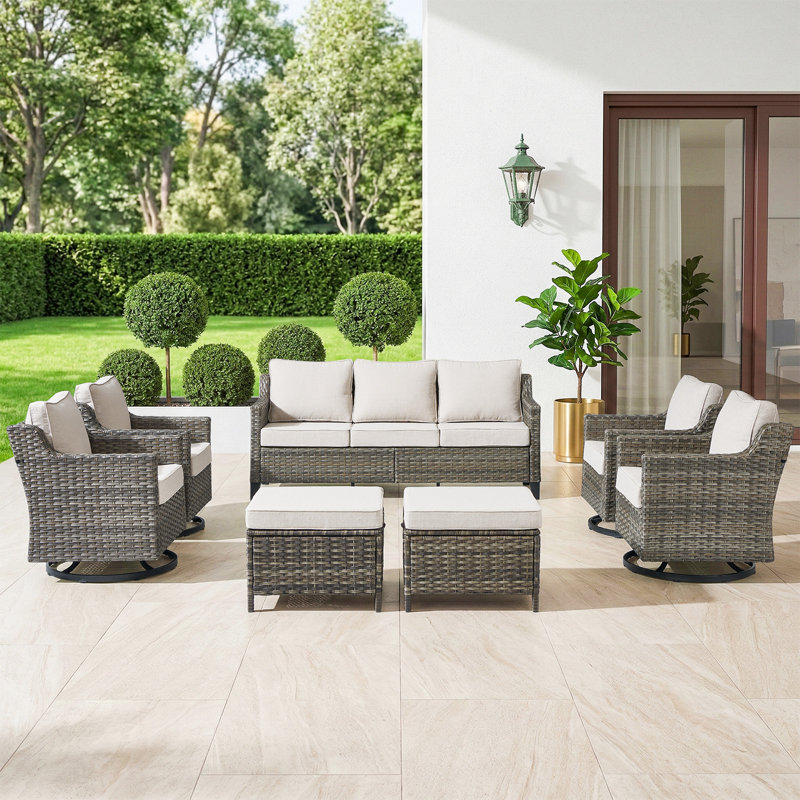 Maelie 7-Piece Patio Conversation Set, Outdoor Sofa With 4 Swivel Gliders And 2 Ottomans, Beige