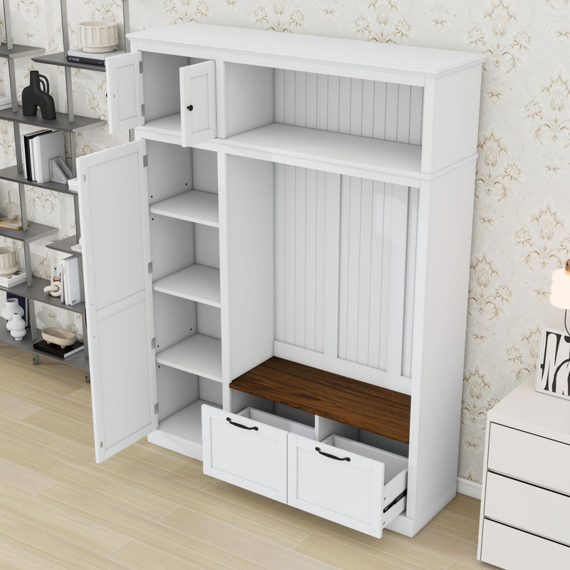 Elegant Hall Tree with Adjustable Compartments and Concealed Drawers, White