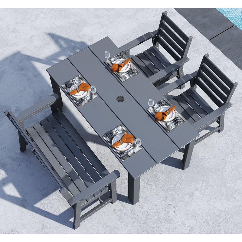 HDPE Patio Table + Dining Chairs + Bench, 4 Pieces: Table, 2 Chairs, Bench, Gray