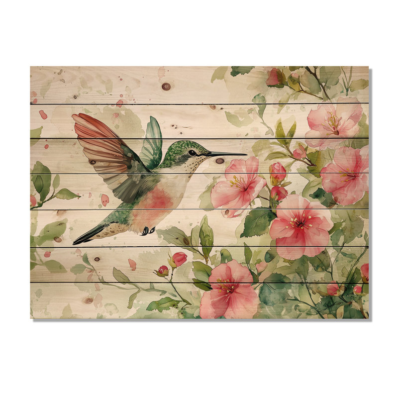 Colibri dans le jardin de la ferme II - Impression sur bois d'oiseau - sur bois de pin naturel, H 34 po x l 44 po x P 0,78 po
