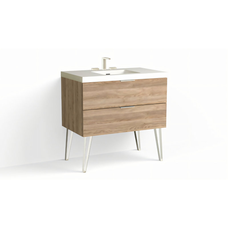 Avila 36" W Freestanding Single Bathroom Vanity with Dawson Leg, Matte White/8" Widespread, Charred, Polished Nickel