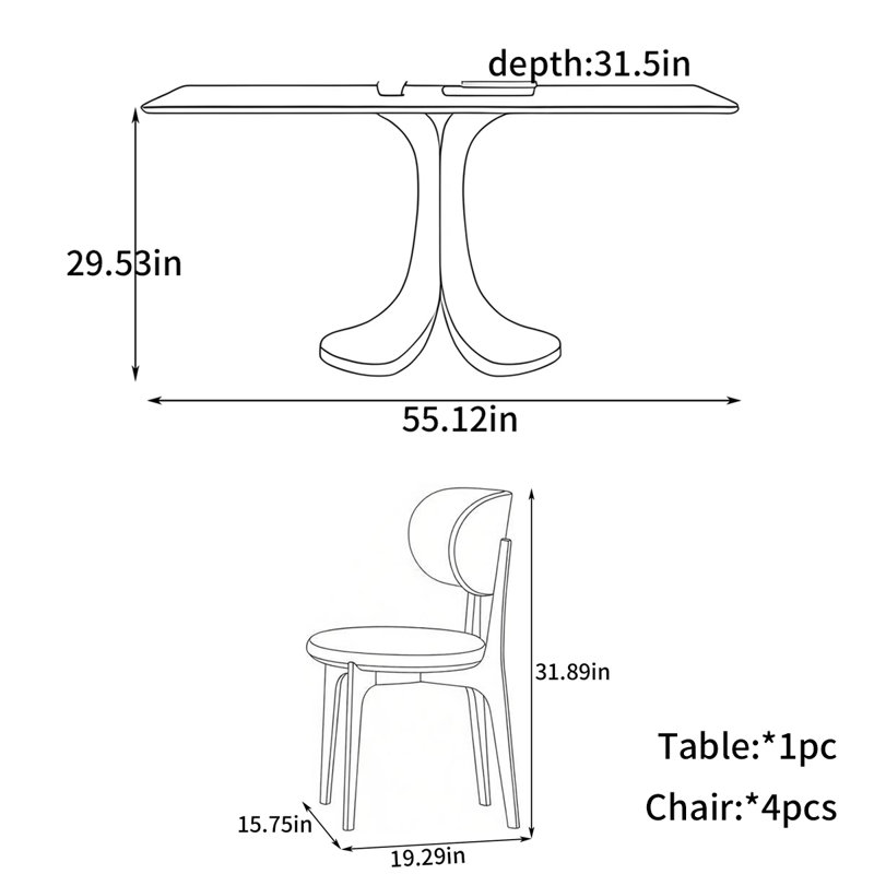 Simple rectangular dining table, 5 Pieces: Table, 4 Chairs, 29.53" H x 55.12" W x 31.5" D