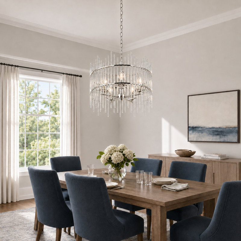 Lustre tambour en verre 5 lumières Eletto, Nickel