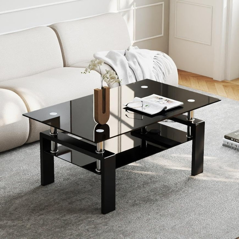 Table basse de salon en verre trempé, 2 couches, Noir, Noir, H 17,32 po x L 23,62 po x l 39,37 po