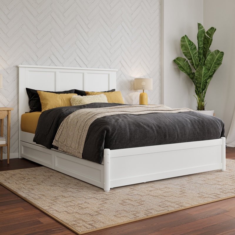Ashante Solid Wood Storage Platform Bed with Footboard & Under Bed Drawers, Full, White
