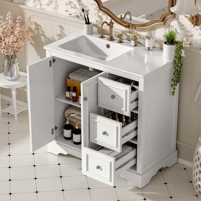 Meuble-lavabo classique avec lavabo en céramique et beaucoup de rangement, White