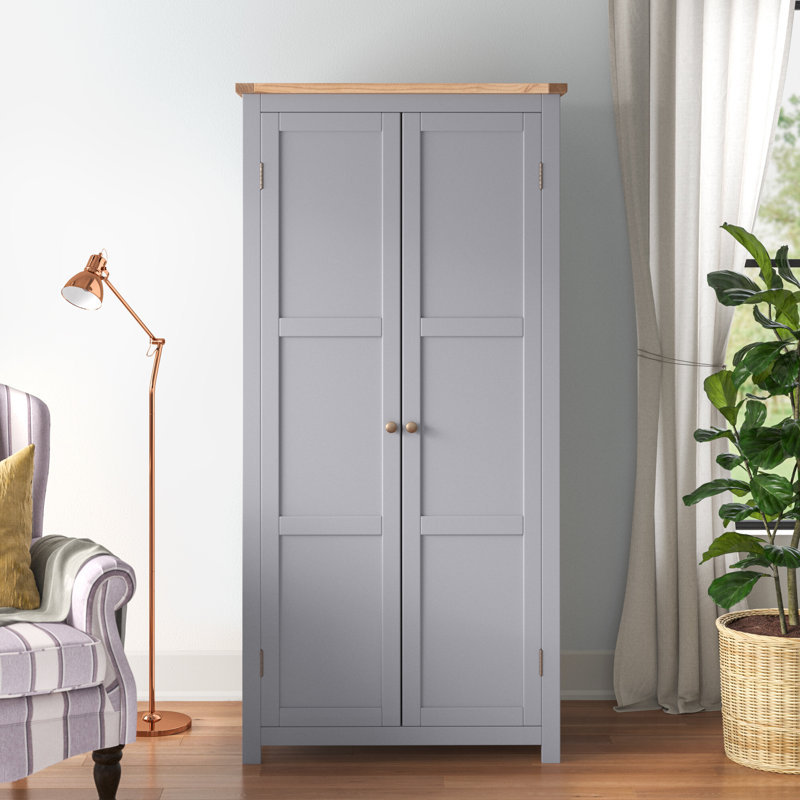 2 Door Solid + Manufactured Wood Wardrobe, Grey/Oak/Antique Brass