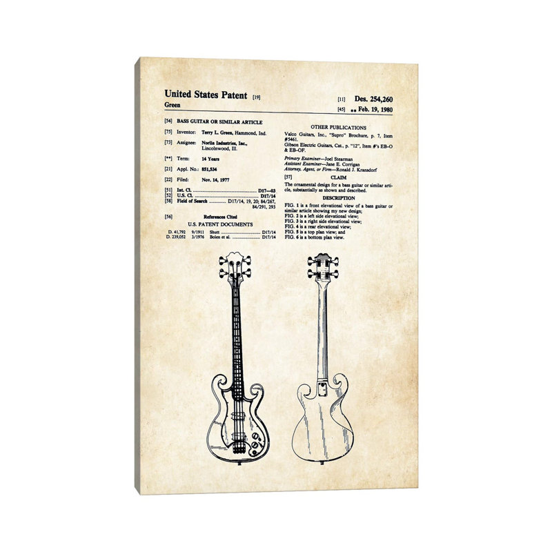 «Epiphone Scroll Bass Guitare» par brevet77 - impression sur toile tendue, H 18 po x l 12 po x 1,5 po