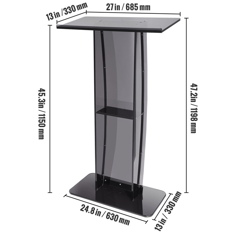 Black Acrylic 47" Podium Stand with Storage Shelf
