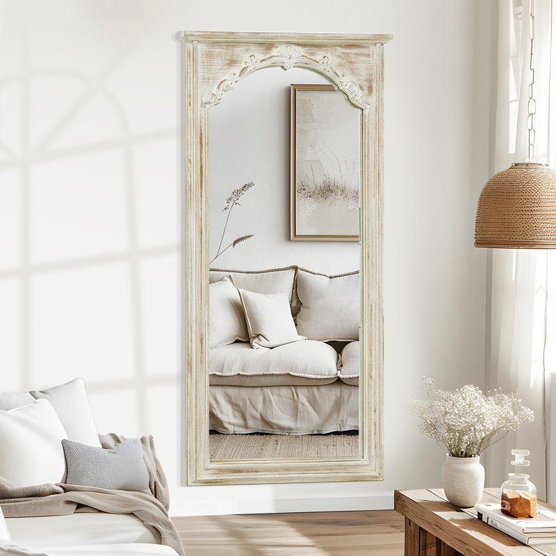Rectangle Wood Full Length Mirror Wall Mirror with Inner Arch Carved Frame, Weathered White