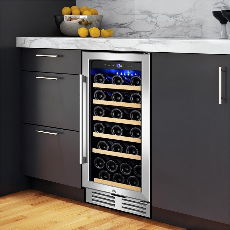 15 Inch Single Zone Wine Refrigerator, Mini Wine Cooler, Holds 30 Bottles, Built-In or Freestanding with LED Light, Safety Lock, Removable Shelves – In Silver and Black Options