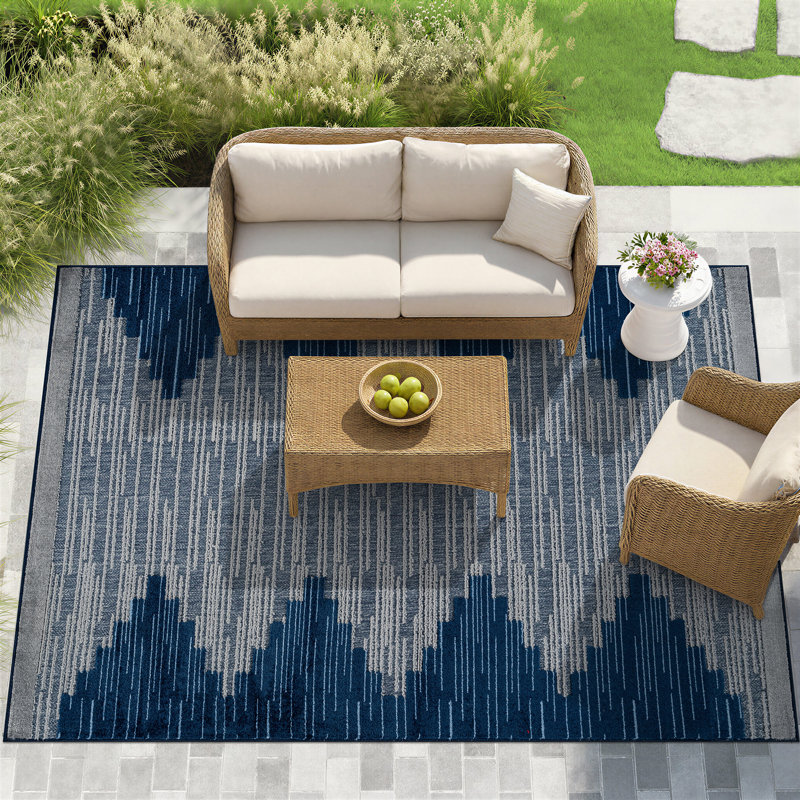Geometric Navy/Blue Indoor/Outdoor High-Low Area Rug, Rectangle 7'10" x 10'