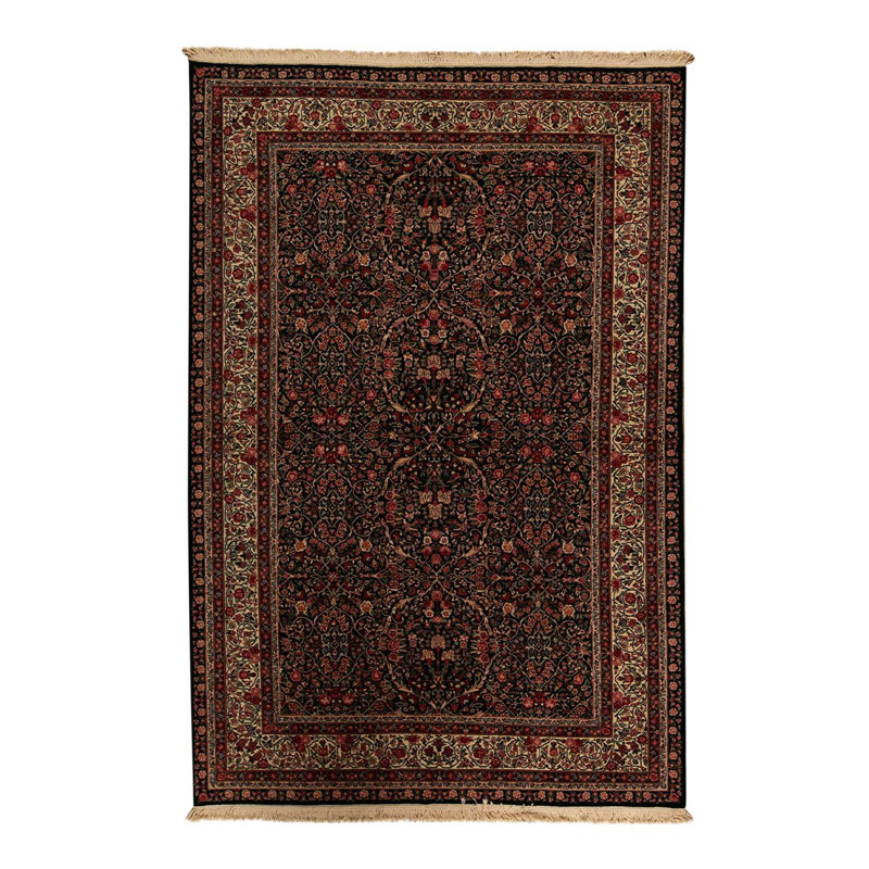 Tapis noir / beige / rouge noué à la main de haute qualité