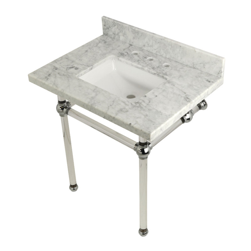 Kingston Brass Templeton 30-Inch Vanity Top with Clear Acrylic Legs (8-Inch, 3-Hole), Carrara Marble/Polished Chrome