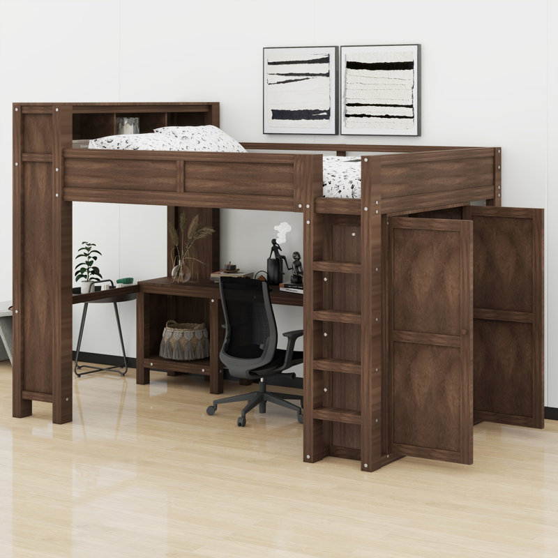 Lit mezzanine en bois peu encombrant avec garde-robe intégré, bureau et station de recharge USB, Brun