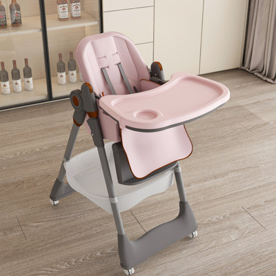Adjustable Pink High Chair 0 - 6 Years, Featuring Pp Tray, 3 Position Reclining , Waterproof Pu Cushion, And Storage Bag For Living Room Multi Functional Foldable Feeding Seat With Belt, Silent