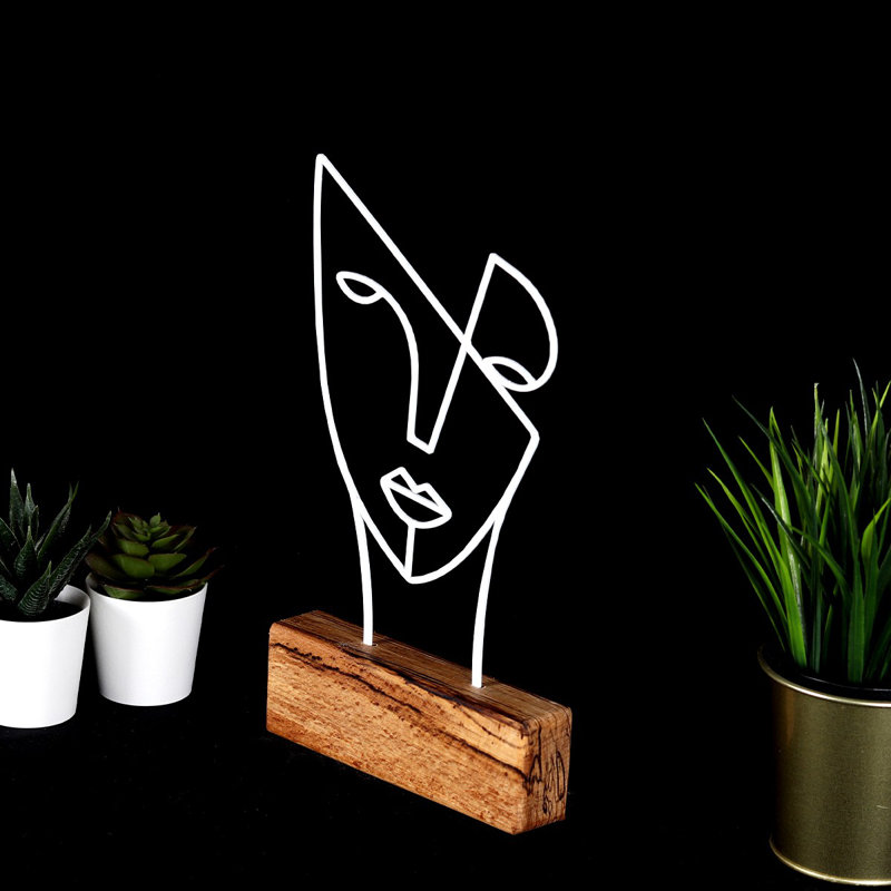 Elegant Decorative Object, White Metal & Wood, 6.7 x 11.8 x 1.4 inches | 100% Metal Construction (2 mm Thick) with Sturdy Wood Base | Perfect for Home Decor, Stylish Accent for Any Space