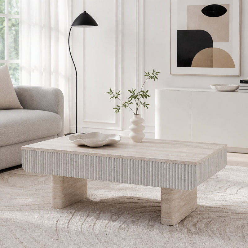 Table basse avec dessus en faux marbre et tiroir cannelé, 46.85"W, Beige-brun
