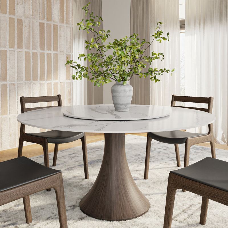 Table de salle à manger moderne en pierre brillante avec piédestal en bois massif pour 4/6/8/10, Blanc neigeux