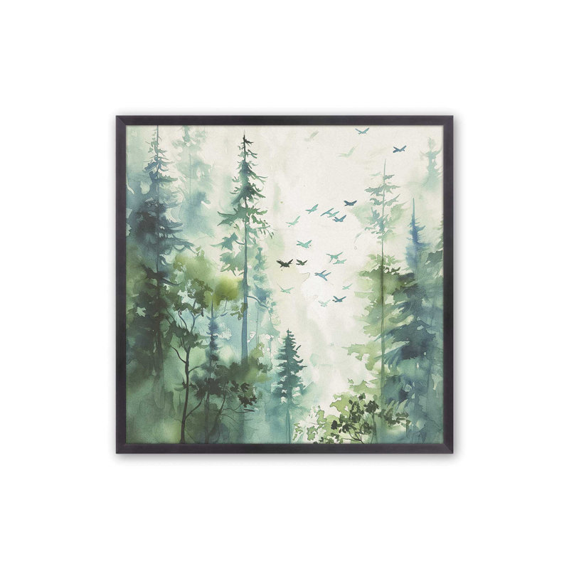 Oiseaux des bois dans la brume II, Cadre en zinc patiné, H 13,75 po x l 13,75 po