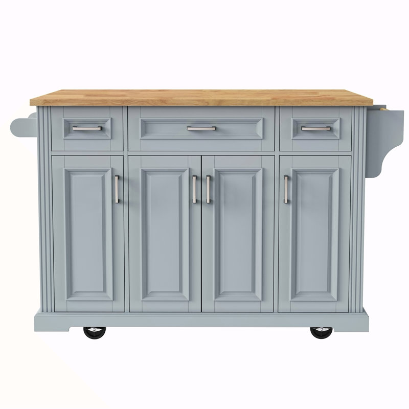 54Inch Large Kitchen Island With Rubber Wood Drop Leaf, Embossed Texture Rolling Kitchen Cart On 4 Wheels With 4 Doors And 3 Drawers, Kitchen Island With Storage For Kitchen, Dining Room