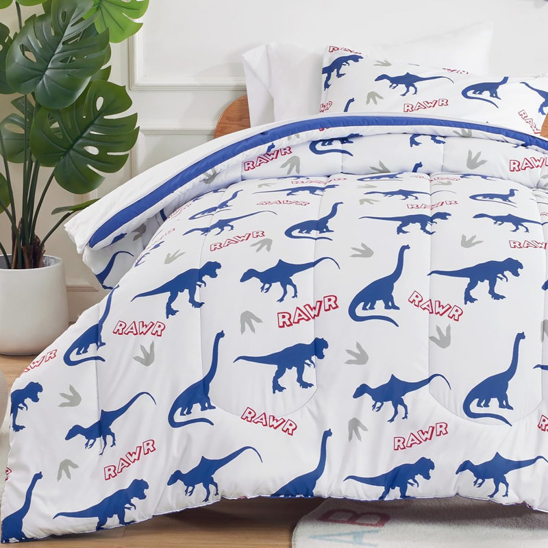 Ensemble de literie pour enfants Space Rocket, Lit simple, Mignon dinosaure bleu / blanc