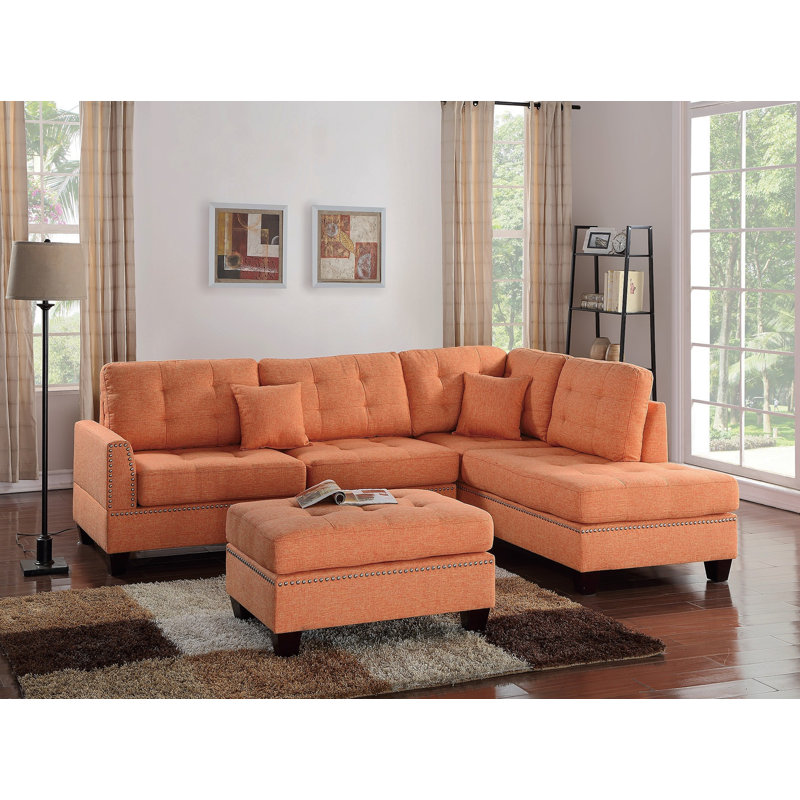 Modern Citrus Color 3Pcs Sectional Living Room Furniture Reversible Chaise Sofa And Ottoman Tufted Polyfiber Linen Like Fabric Cushion Couch Pillows